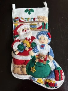 Bucilla Santa & Mrs. Claus w/ Sack & Cat Embroidered Felt 18" Completed Stocking - Picture 1 of 5
