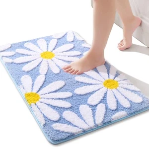 QJHOMO Blue Bathroom Rugs Cute Daisy Bath Mat White and Yellow Flower Decor R... - Picture 1 of 6
