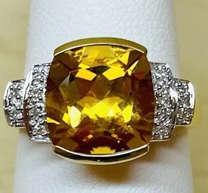 14K massiver Weißgold großer natürlicher gelber Citrin & Diamant Cocktail Ring - Bild 1 von 2
