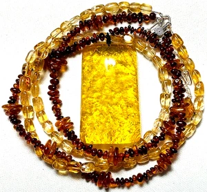 Handcrafted Genuine Baltic Amber & Citrine Beaded Pendant Necklace - Picture 1 of 9