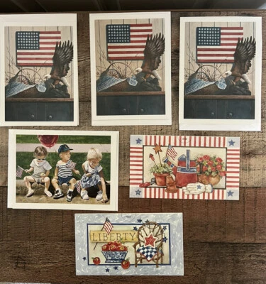 5 FOURTH OF JULY CARDS - Patriotic Summer Fun Kids Flag Flowers Stars Stripes - Image 1 of 4
