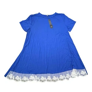 NWT A-Line Short Sleeve Tunic Slinky Flowing Lace Trim Blouse Royal Blue LARGE - Picture 1 of 12
