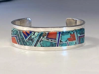 Edison Begay EB Navajo Sterling Silver Turquoise & Coral Cuff Bracelet - Image 1 of 4