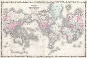 Map of the World, 1867 by Ward Maps Art Print Vintage Antique Poster 13x19 - Picture 1 of 1
