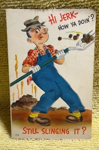 Vintage 1950's Linen Finish Postcard, Hi Jerk- How Ya Doin' ? Still Slinging it? - Picture 1 of 2