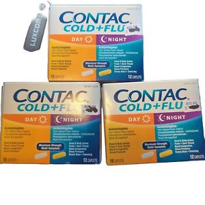 3- Contac Cold + Flu Caplets - 12Day And 16Night Total 28 count Free Fast Ship