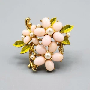 Arthur Pepper ART Faux Pearl Pink Cab Green Enamel Floral Gold Tone Brooch - Picture 1 of 11