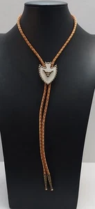 Two Tone Brown Leather Bolo Tie w/ White Faux Mother Of Pearl Arrow Head Shaped - Picture 1 of 11