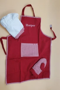 Pottery Barn Kids Red Gingham Kids Chef Apron "Harper" NWOT Oven Mitt Chef Hat - Picture 1 of 15