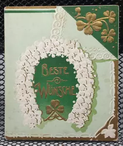 1910's Embossed Beste Wunsche Lucky Green Clover Small Antique Greeting Card - Picture 1 of 3
