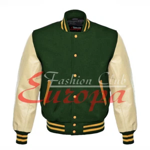 Grüne Varsity hochwertige Wolljacke mit Echtlederärmeln.XS bis 4XL - Bild 1 von 12