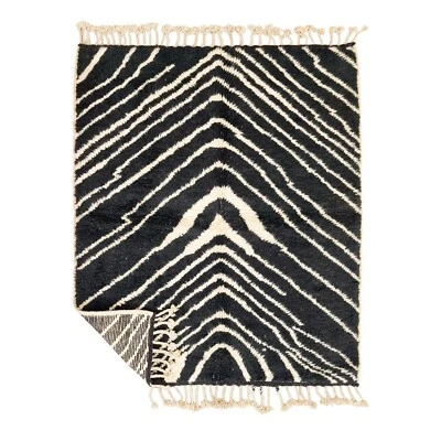 Moroccan Handmade Beniourain Rug 5'2x6'2 Berber Striped Black & White Wool Rug - Image 1 of 4