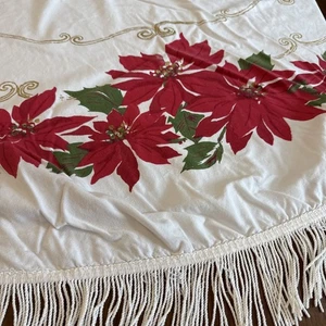 Vintage Poinsettia & Gold Christmas Holiday Cotton Tablecloth Round w/Fringe 58" - Picture 1 of 8