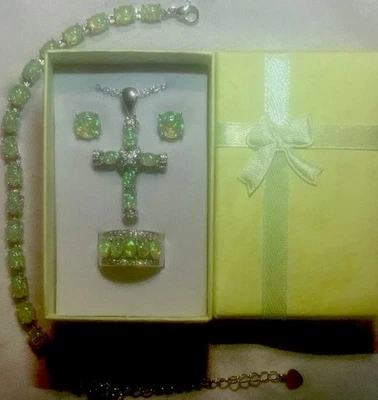 Elegant Green Fire Opal CZ Cross Necklace, Earrings, Bracelet, & Ring Size 7 Set - Image 1 of 4