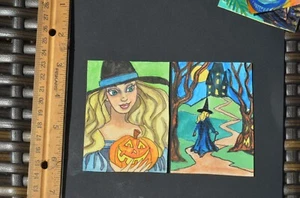 ACEO Original Kunst Halloween Blonde Hexe Original kein Druck Mischtechnik x2 - Bild 1 von 3