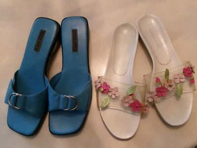 Final 2 PR ВИНТАЖНЫЕ КОЖАНЫЕ САНДАЛИИ МУЛЫ: СИНИЙ ОТ DANELLE 9 WT ЦВЕТОЧНЫЙ ОТ RAMPAGE 8,5 - Изображение 1 из 4