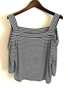 Neu mit Etikett $ 69 Chicos Damen gestreiftes schulterfreies Oberteil quadratischer Ausschnitt Größe 3 schwarz weiß - Bild 1 von 4