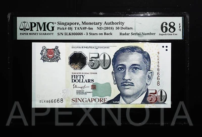 [RADAR S/N] SINGAPORE $50 2018 P49 PMG 68 SUPERB GEM UNC EPQ FANCY NO. 866668 - Image 1 of 2