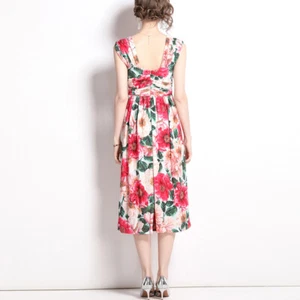 Women Red Flower Ruffle Wide Strappy Midi Dress Square Neckline Sleeveless - Picture 1 of 9