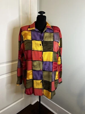 Blusa Le Caviar Vintage Años 80 Vibrante Bloque de Color Abotonada Sedosa Para Mujer M Foto 1 de 4