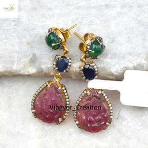 Pave Diamond Carving Ruby Earrings Emerald Sapphire 925 Silver Gold Plated Gift - Picture 1 of 6