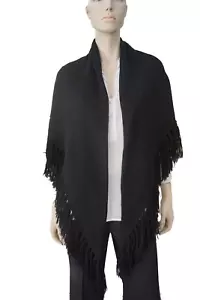 Mantón envolvente triángulo merino negro con flecos LISA KLINE - Imagen 1 de 4