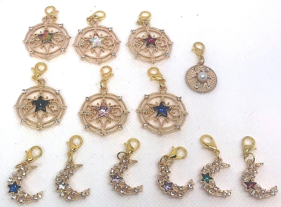 Charm Clip-On Golden Sparkly Moon Stars Purse Bracelet Zipper Backpack Keychain - Image 1 of 1