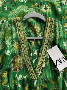Zara Green Floral Printed Embroidered Tunic Kaftan Midi Dress Size M Holiday - Picture 1 of 7