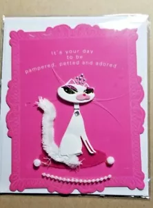 Diva Cat Birthday Greeting Card Glitter & Pearl Accents Paper Magic PINK NEW  - Picture 1 of 3