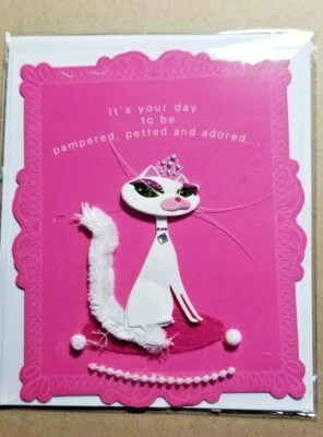 Diva Cat Birthday Greeting Card Glitter & Pearl Accents Paper Magic Pink - Image 1 of 3
