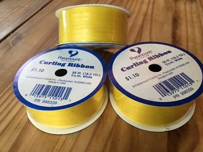 3 VINTAGE YELLOW CURLING GIFT  RIBBON ROLLS BY PARAMOUNT 55 FEET 3/16" WIDE USA - Image 1 of 4