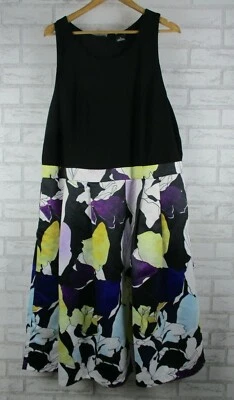 City Chic womens a-line dress black purple yellow floral print XL 22 neck tie  - Image 1 of 4