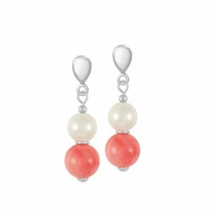 Duet Coral & Shell Pearl Silver Tone Drop Clip On Earrings - Picture 1 of 2