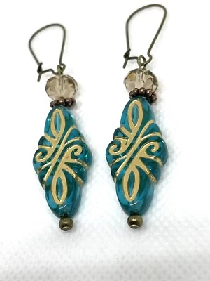 Aqua W/ Gold Tone Accents Fancy Dangle Pierced Earrings Antique Bronze Handmade - Image 1 of 3