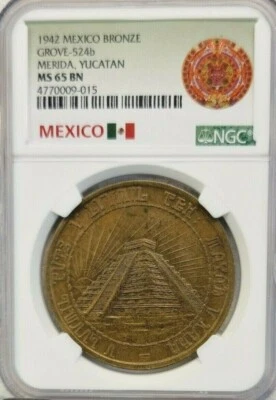 1942 MEXICO MEDAL GROVE 524b MERIDA YUCATAN NGC MS 65 BN SCARCE HIGH GRADE - Image 1 of 4