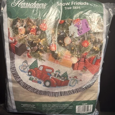 Snow Friends Tree Skirt Herrschners Old Truck  Stamped Cross-Stitch Christmas - Image 1 of 4