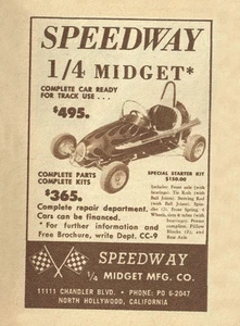 Speedway 1/4 Midget Mfg 1957 vintage y raro Anuncio enano Co. Quarter 1/4 - Imagen 1 de 1