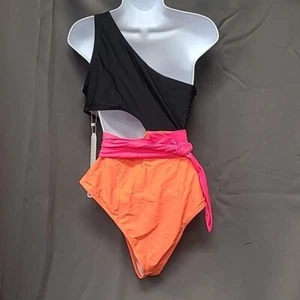 NWT LILLUSORY Women One Piece Swimsuit Sexy SIZE LARGE, Black, Hot Pink, Orange - Picture 1 of 6