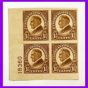 Bloque de placa Scott 631 WARREN HARDING LL #18360 OG MH 1-1/2 centavos IMPERF - Imagen 1 de 4
