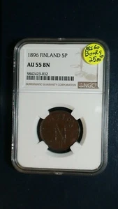 1896 FINLAND Five Pennia NGC AU55 BN 5P Coin PRICED TO SELL RIGHT NOW! - Picture 1 of 4