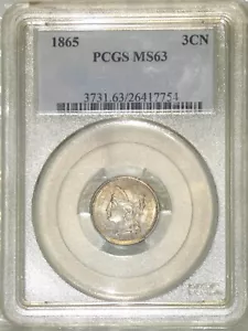 1865 PCGS MS63 Three Cent Nickel Slightly Toned ~ Generation 4.5 Holder w/Prongs - Picture 1 of 4