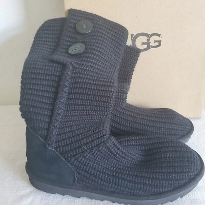 NEW KIDS GIRLS 6 WOMENS 8 BLACK UGG CARDY II KNIT CUFF SHEEPSKIN BOOTS 1017328K - Image 1 of 4