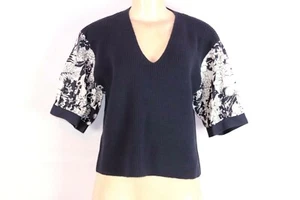 BRAND NEW ANN TAYLOR NAVY BLUE SWEATER WITH FLORAL LACE SLEEVES SIZE MED - Picture 1 of 4