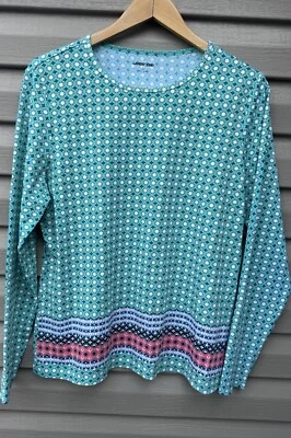 LANDS END Womens Green Geometric Floral Print Rash Guard Swim Top Shirt Size L - Image 1 of 4