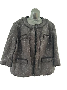 Michael Kors Womens Long Sleeve Raw Hem Black Sequin Tweed Lined Blazer Jacket - Picture 1 of 12