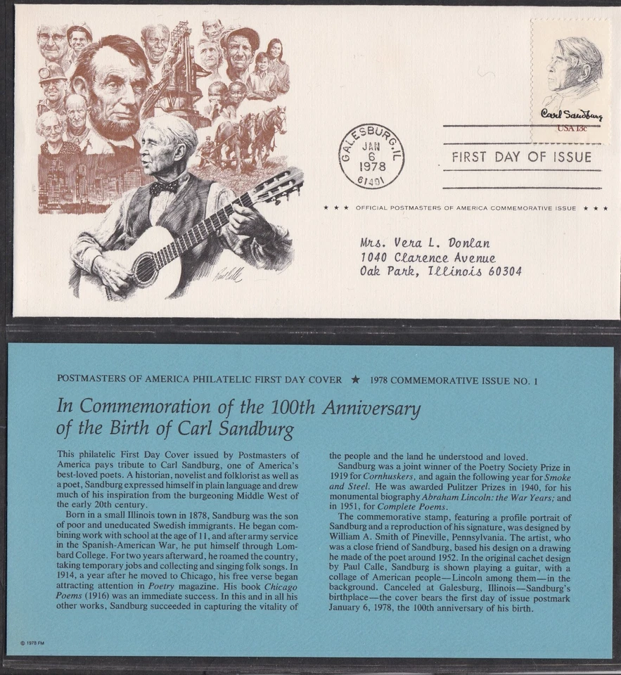 USA 1978 FIRST DAY COVER 100th ANNIV OF BIRTH OF CARL SANDBURG + CARD + CACHET - Image 1 of 1