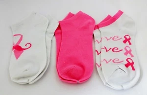 Ankle Socks 3 Pairs White Pink Breast Cancer Awareness Theme Ladies Size 9 To 11 - Picture 1 of 9