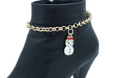Women Gold Metal Chain Boot Bracelet Shoe Snowman Holiday Charm Wrap Aroud Band - Image 1 of 4
