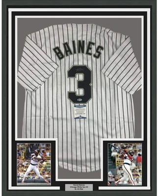 Camiseta deportiva a rayas de Chicago 33x42 HAROLD BAINES 33x42 autografiada/firmada enmarcada certificado de autenticidad bajo Foto 1 de 2