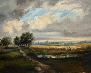 Antique Original 19th century Painting Landscape, Figure Barbizon, Fields - Picture 1 of 8